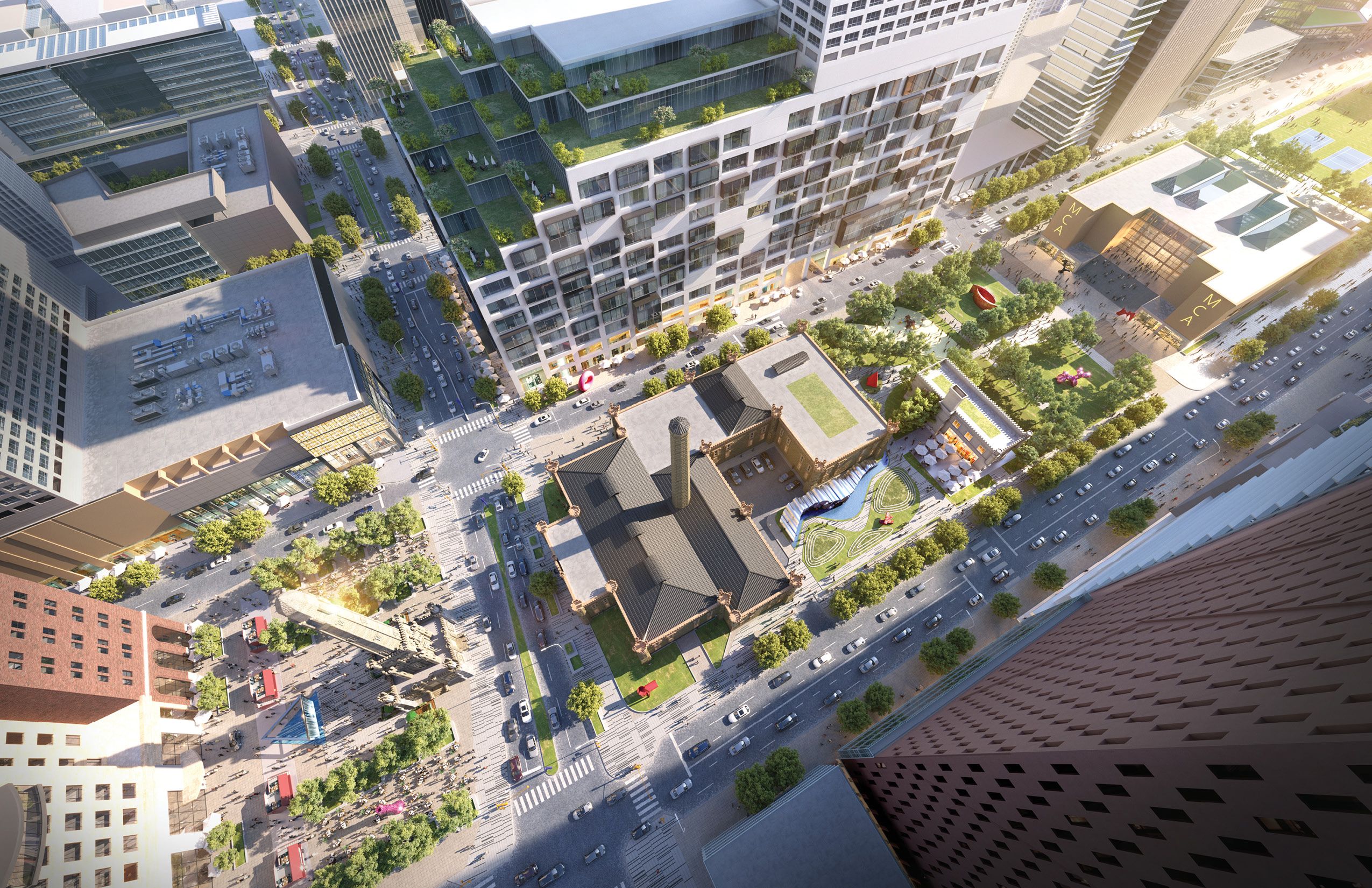 Photo of a rendering from above of a street scape 