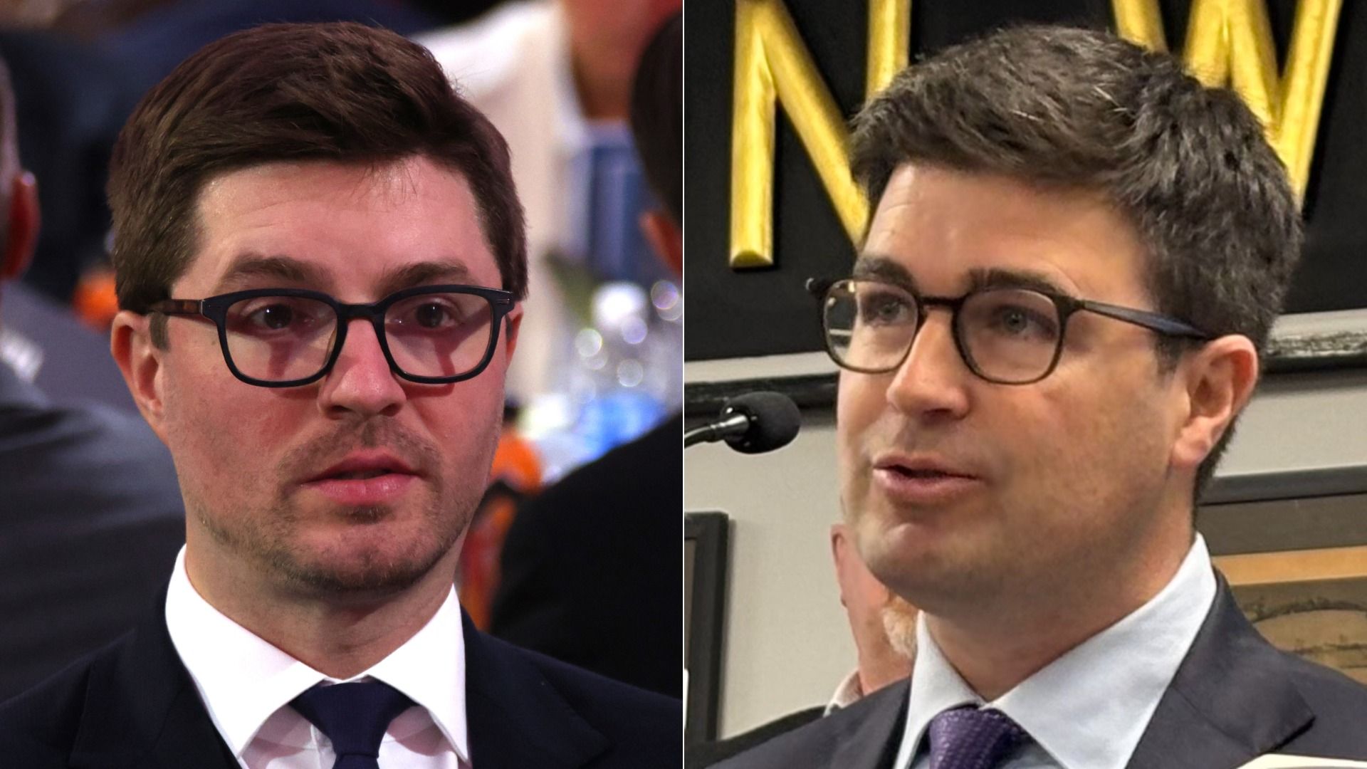 Side-by-side images of a man with dark hair and glasses wearing a suit and tie; left image shows a close-up with a blurred background, right image shows him speaking at a microphone indoors.