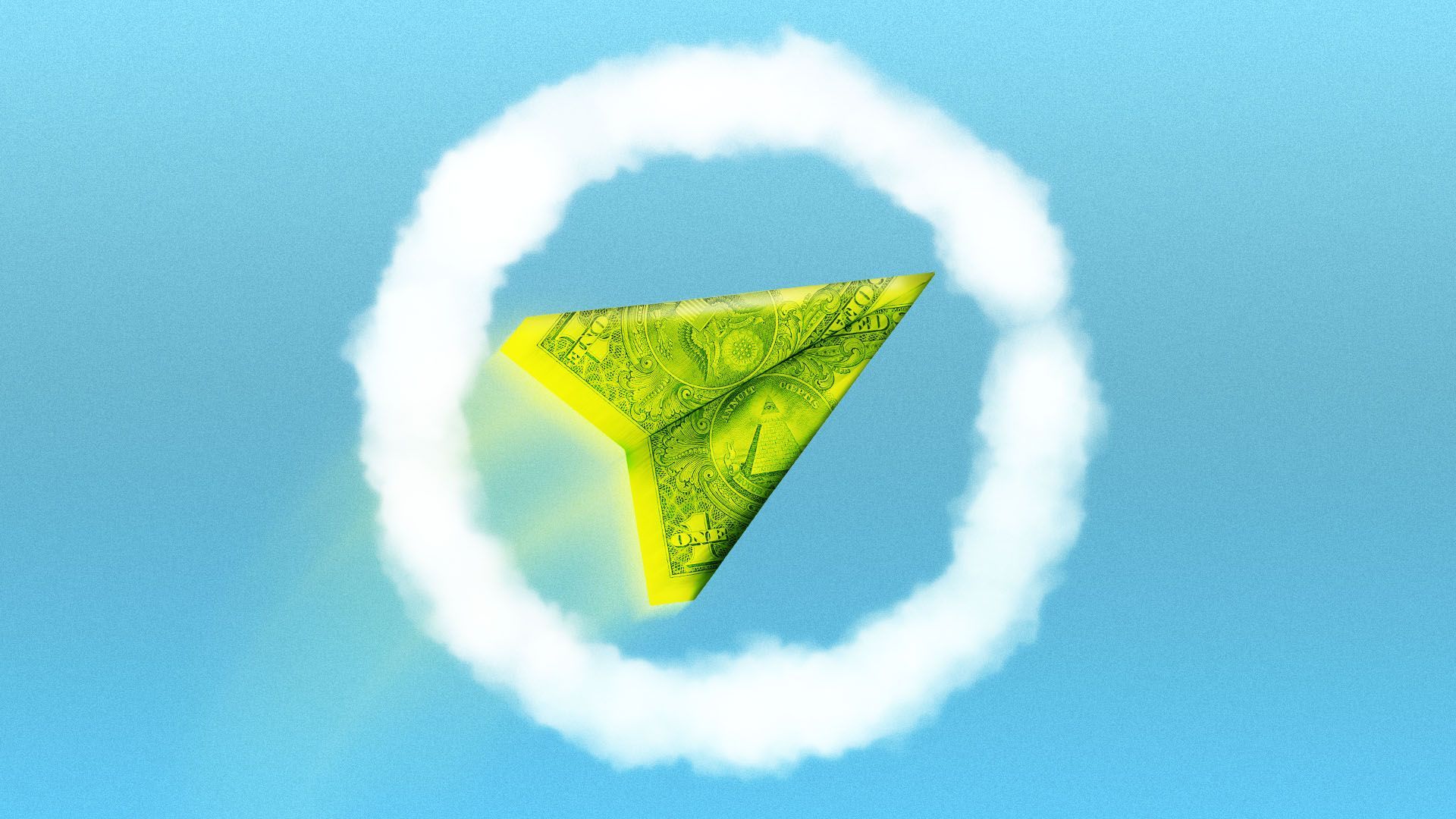 Illustration of a dollar bill paper airplane going through a circular cloud in an approximation of the Open Gov logo