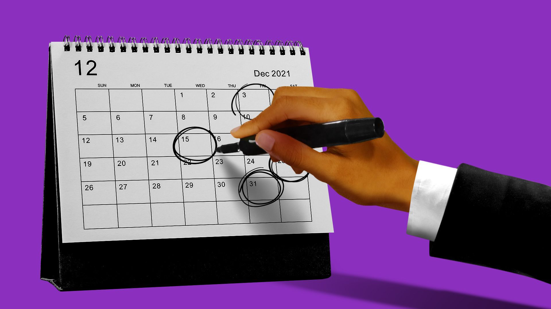 Illustration of a hand circling dates on a December 2021 calendar. 