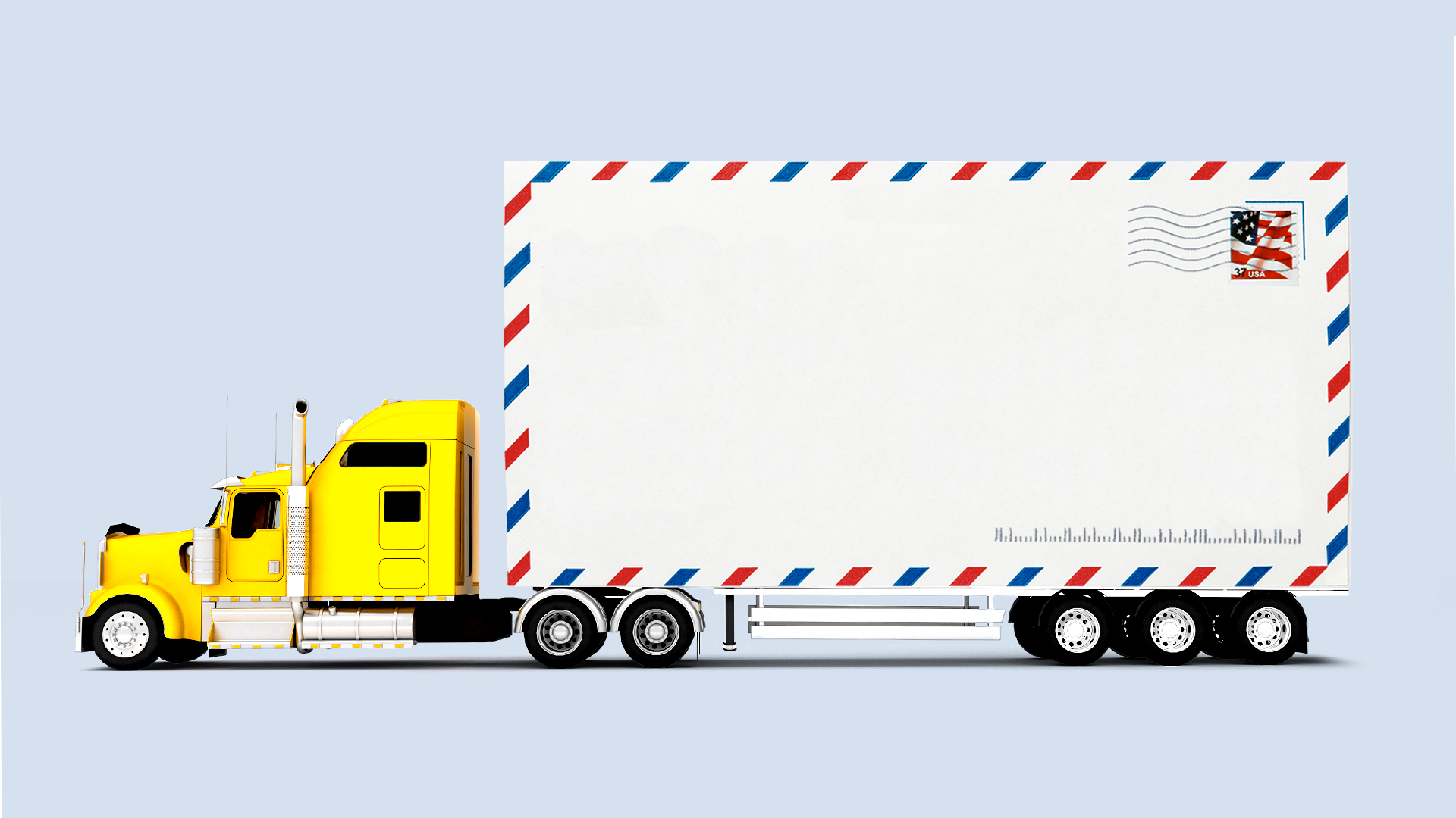 Illustration of an 18-wheeler with an envelope as the semi-trailer. 