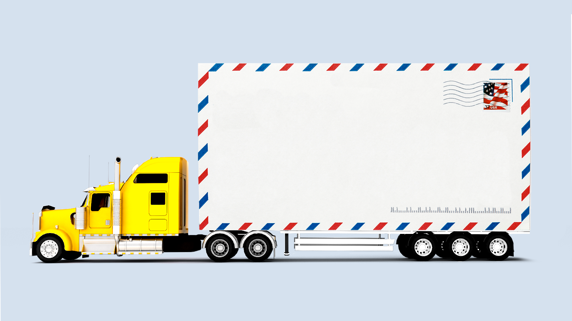 Illustration of an 18-wheeler with an envelope as the semi-trailer.