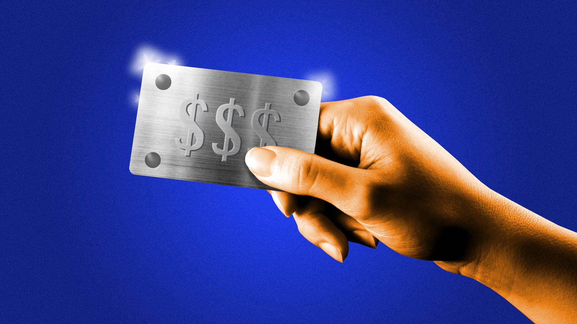 Illustration of a hand holding up a solid metal credit card