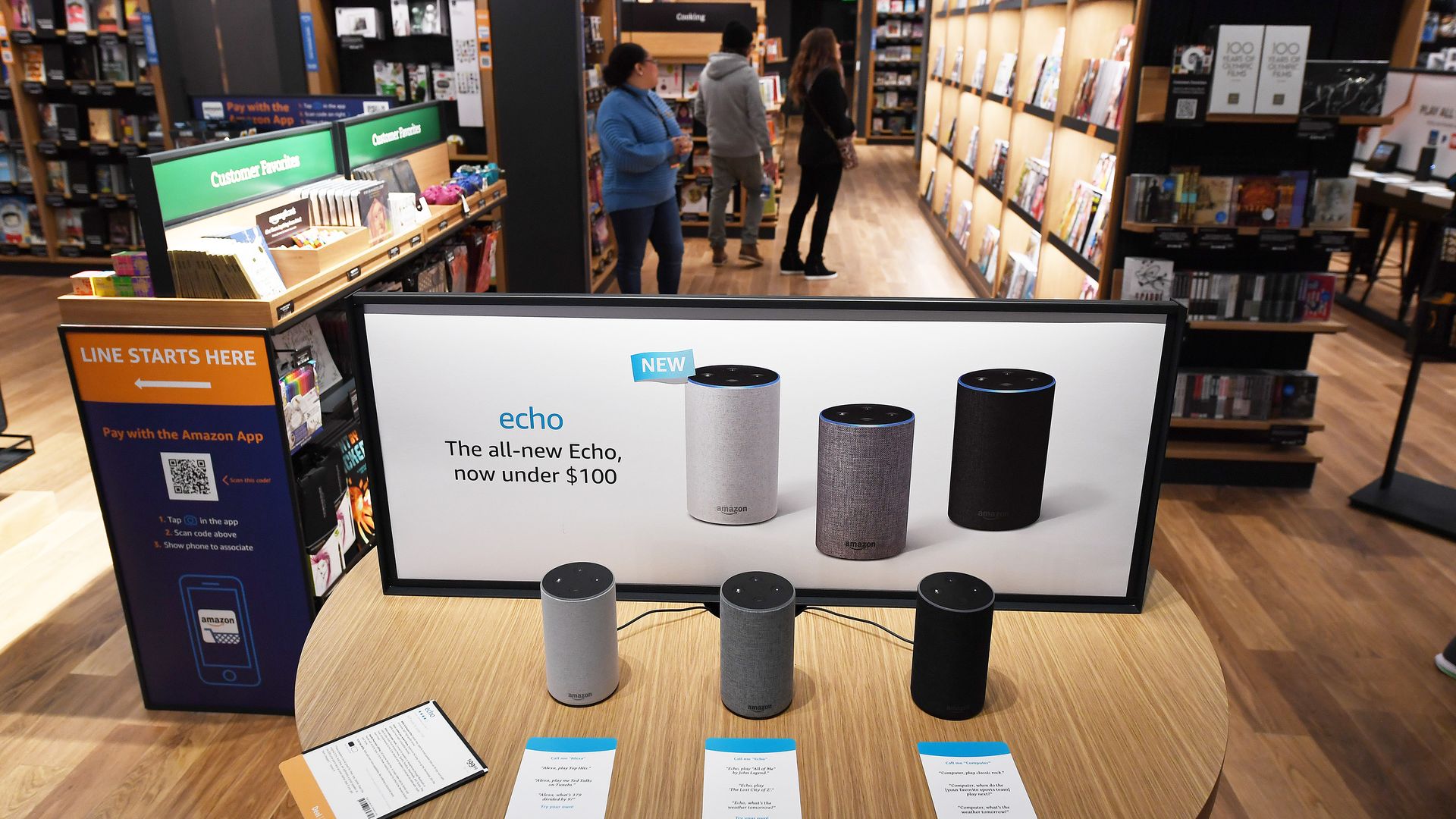 Photo of Amazon Echo devices on sale in an Amazon store.