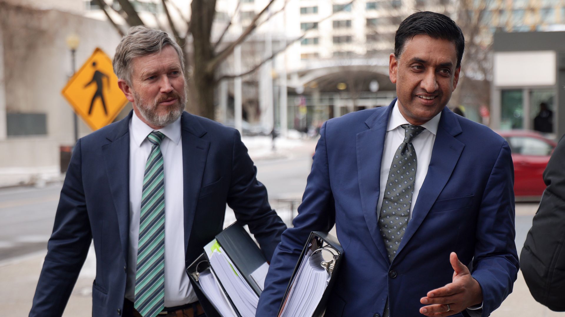 Reps. Thomas Massie (left) and Ro Khanna (D-CA) arrive at the Justice Department on Feb. 9.