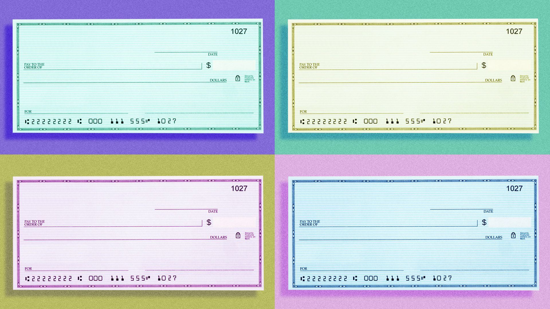 Illustration of four different colored checks on four different colored backgrounds
