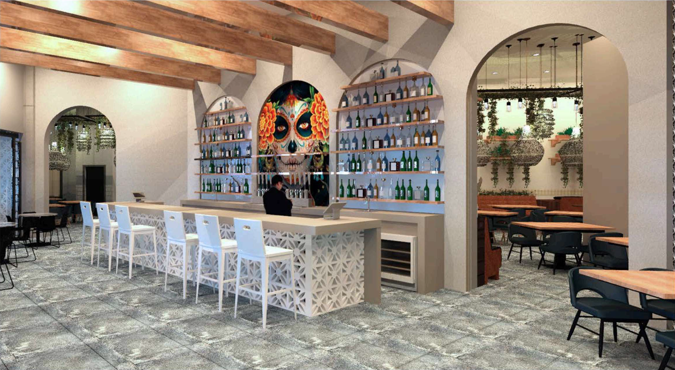 A bar with a catrina backsplash. 