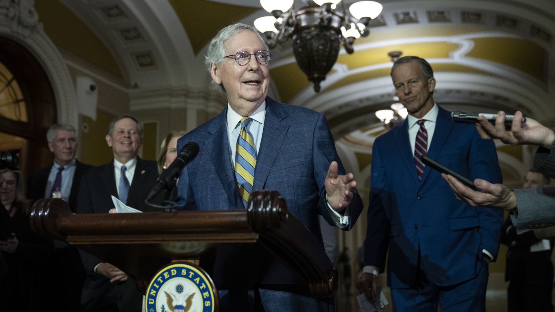 Senate Minority Leader Mitch McConnell and Whip John Thune speak to reporters.