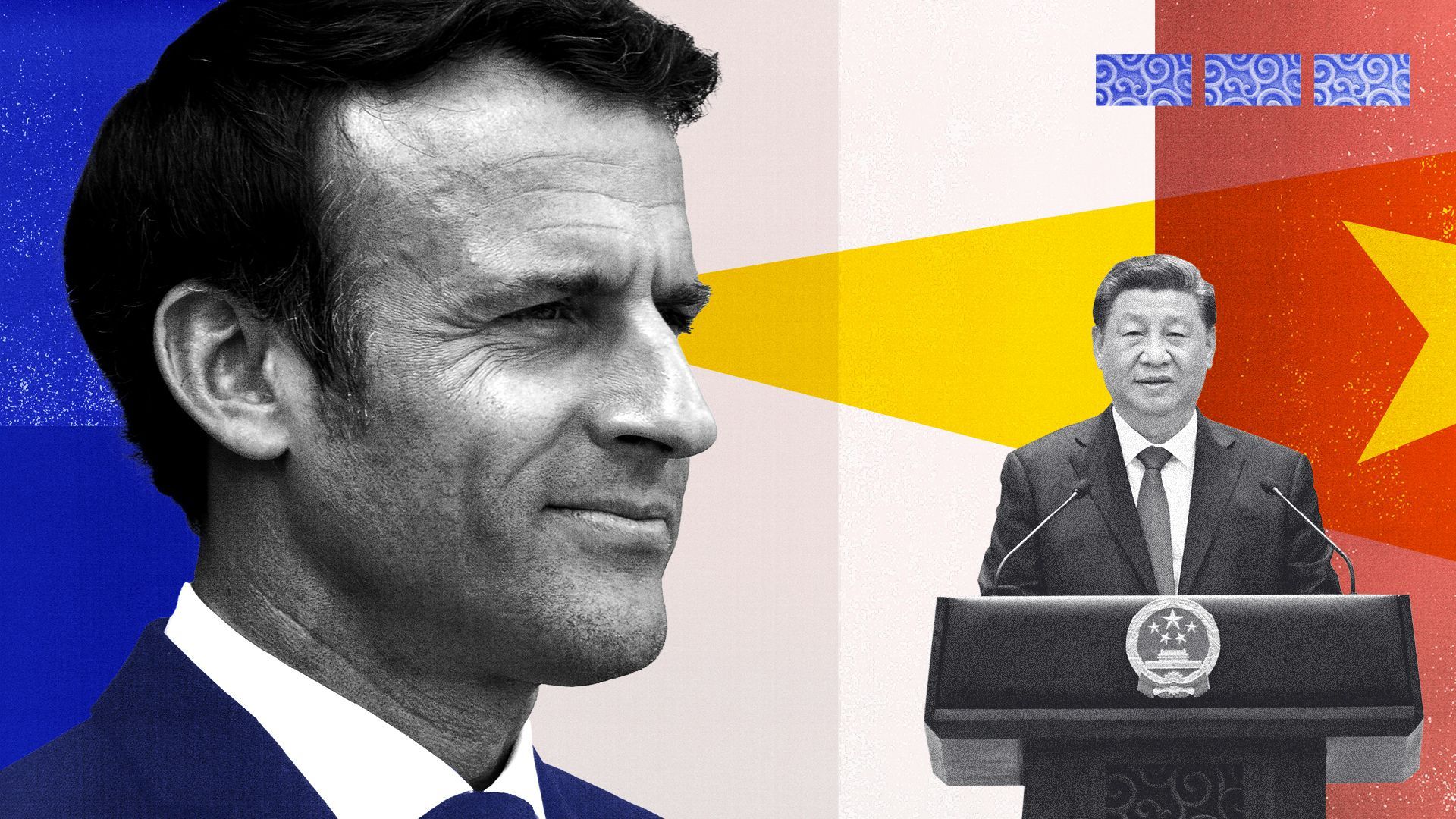 Photo illustration of Emmanuel Macron and Xi Jinping. 