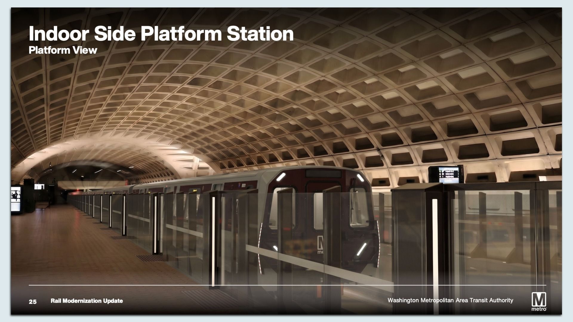 Underground metro platform with a curved lattice ceiling, a sleek train at the edge, and glass safety barriers; page header reads "Indoor Side Platform Station".