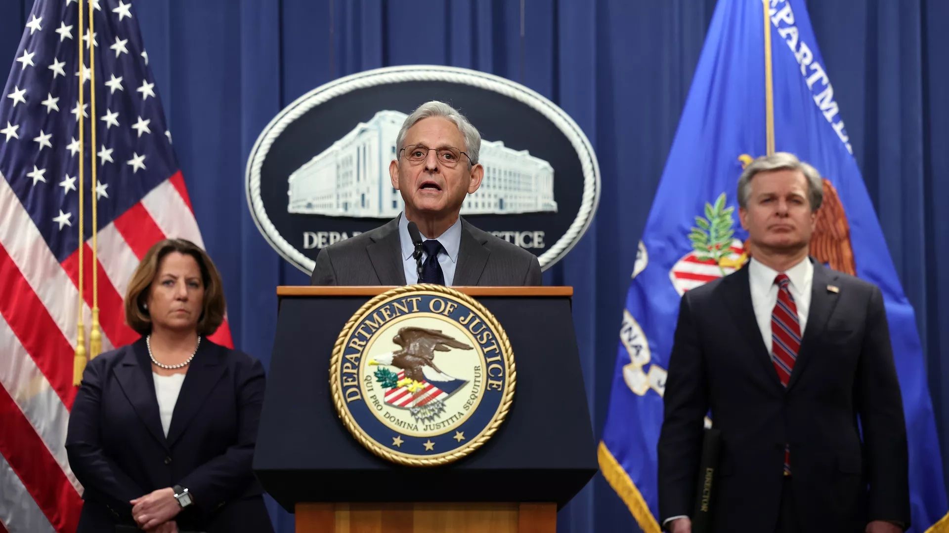 Photo of Attorney General Merrick Garland at lectern