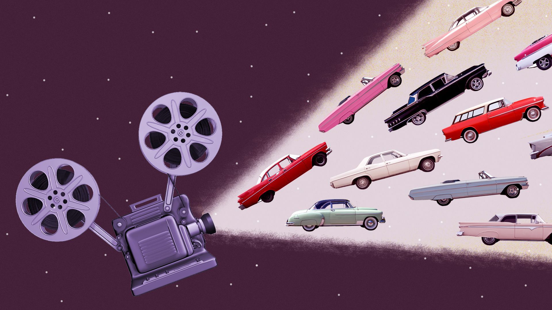 Illustration of a movie projector projecting light and vintage cars against a night sky