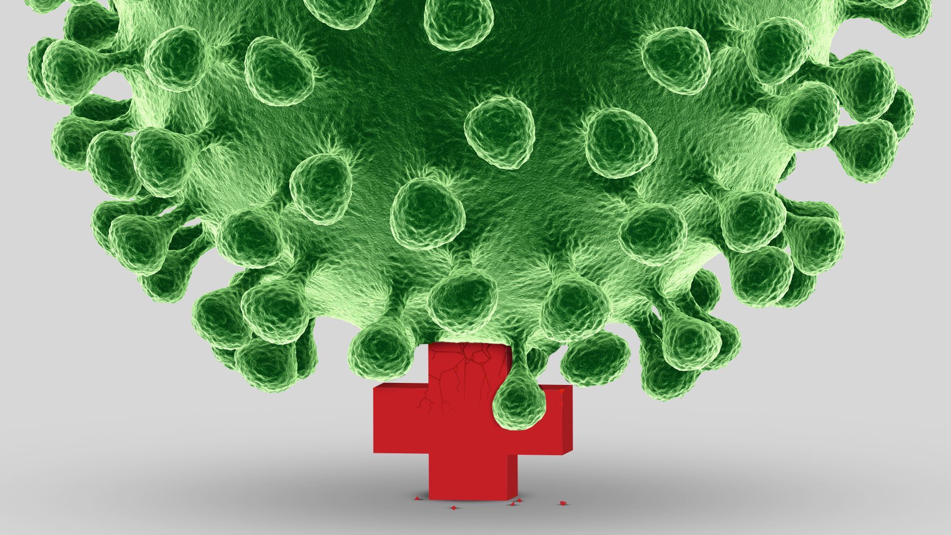 Illustration of a giant virus cell crushing a crumbling health plus.
