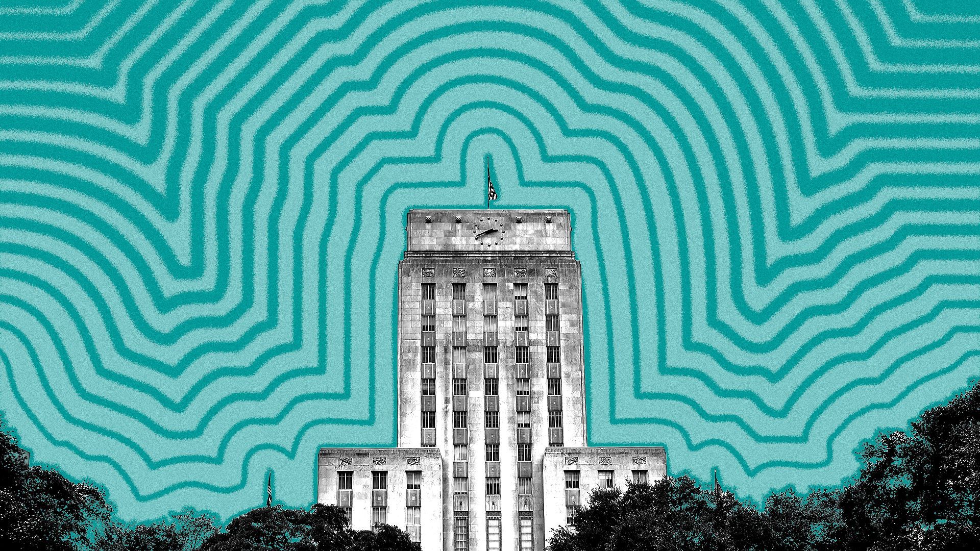 Illustration of Houston City Hall with lines radiating from it.