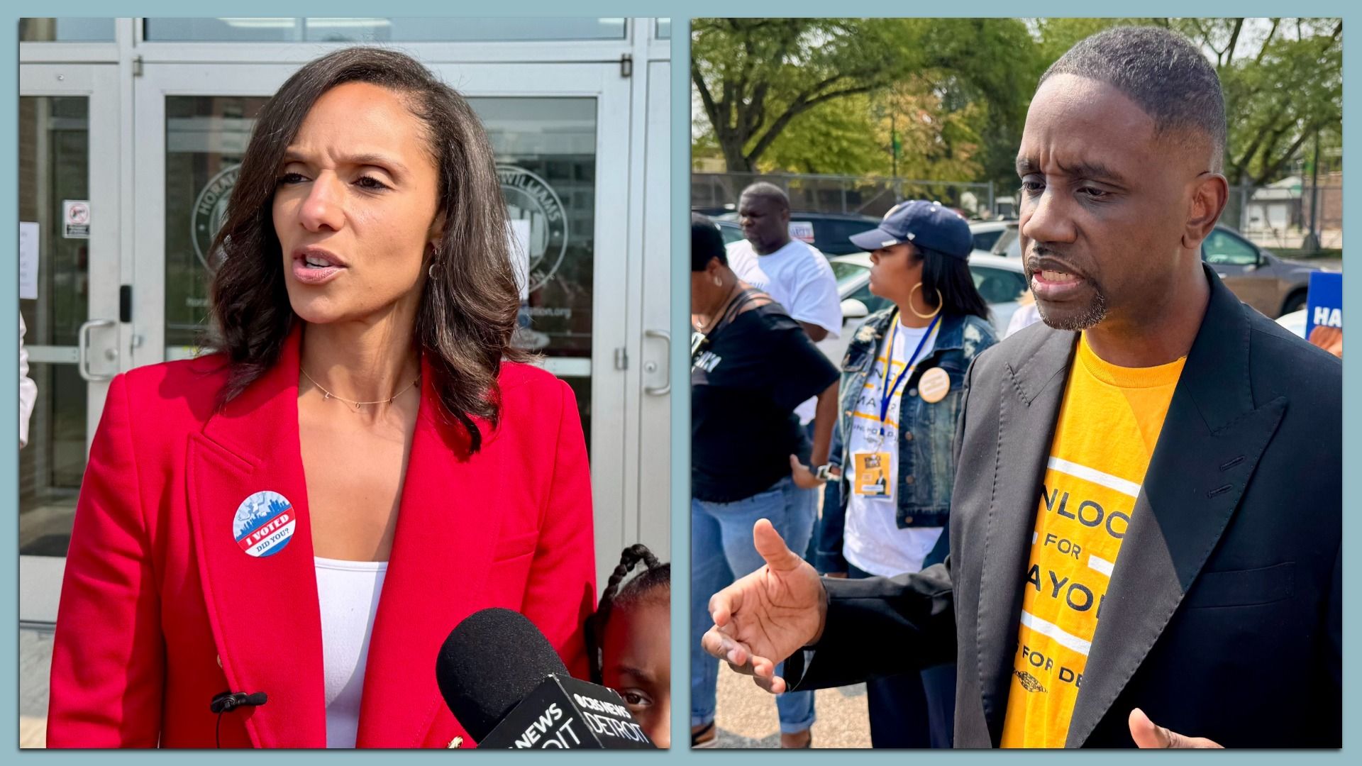 Split image of two people speaking outdoors. 