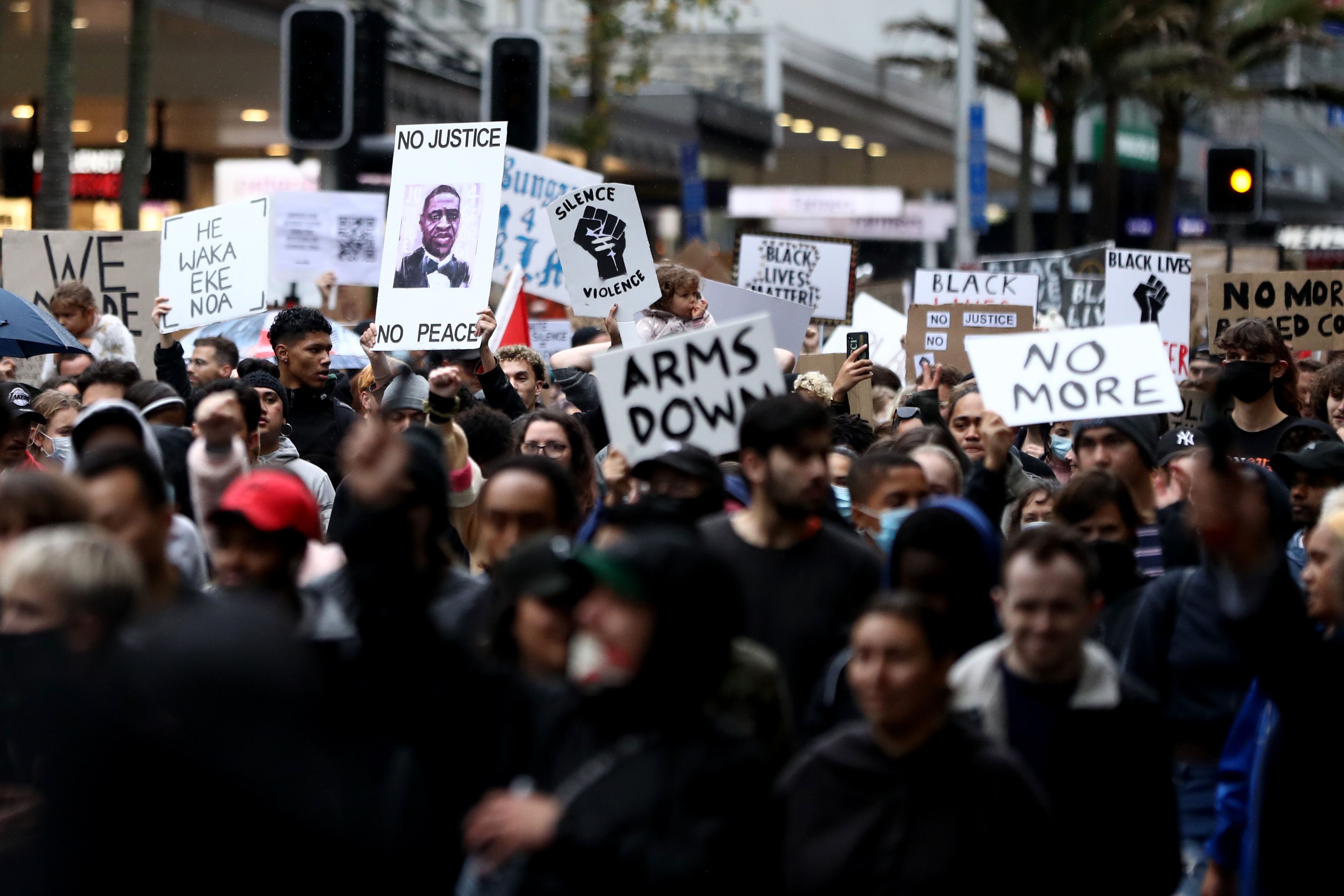 Protesters march down Queen Street on June 01, 2020 in Auckland, New Zealand