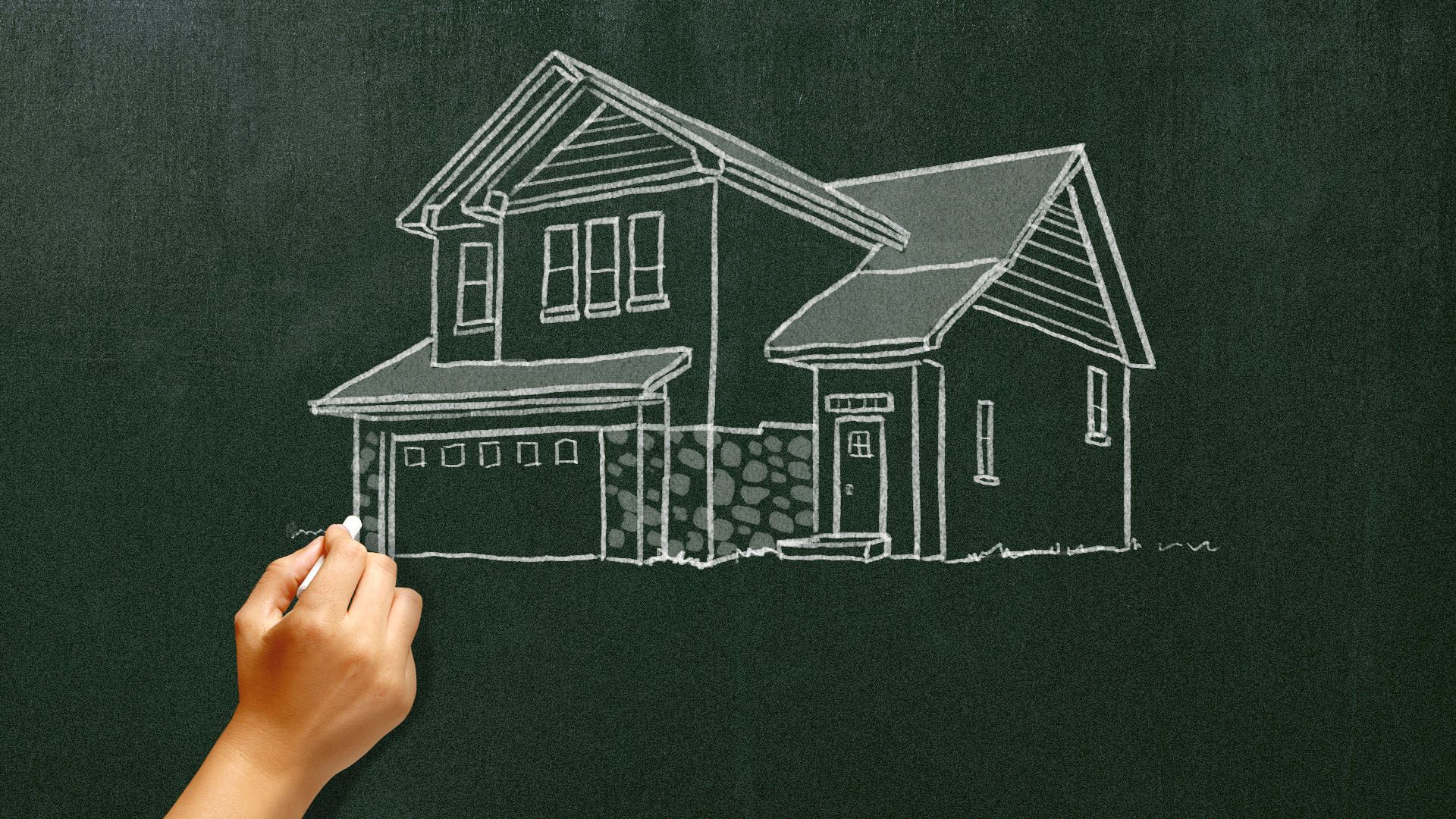 Illustration of a teacher's hand drawing a house on a blackboard