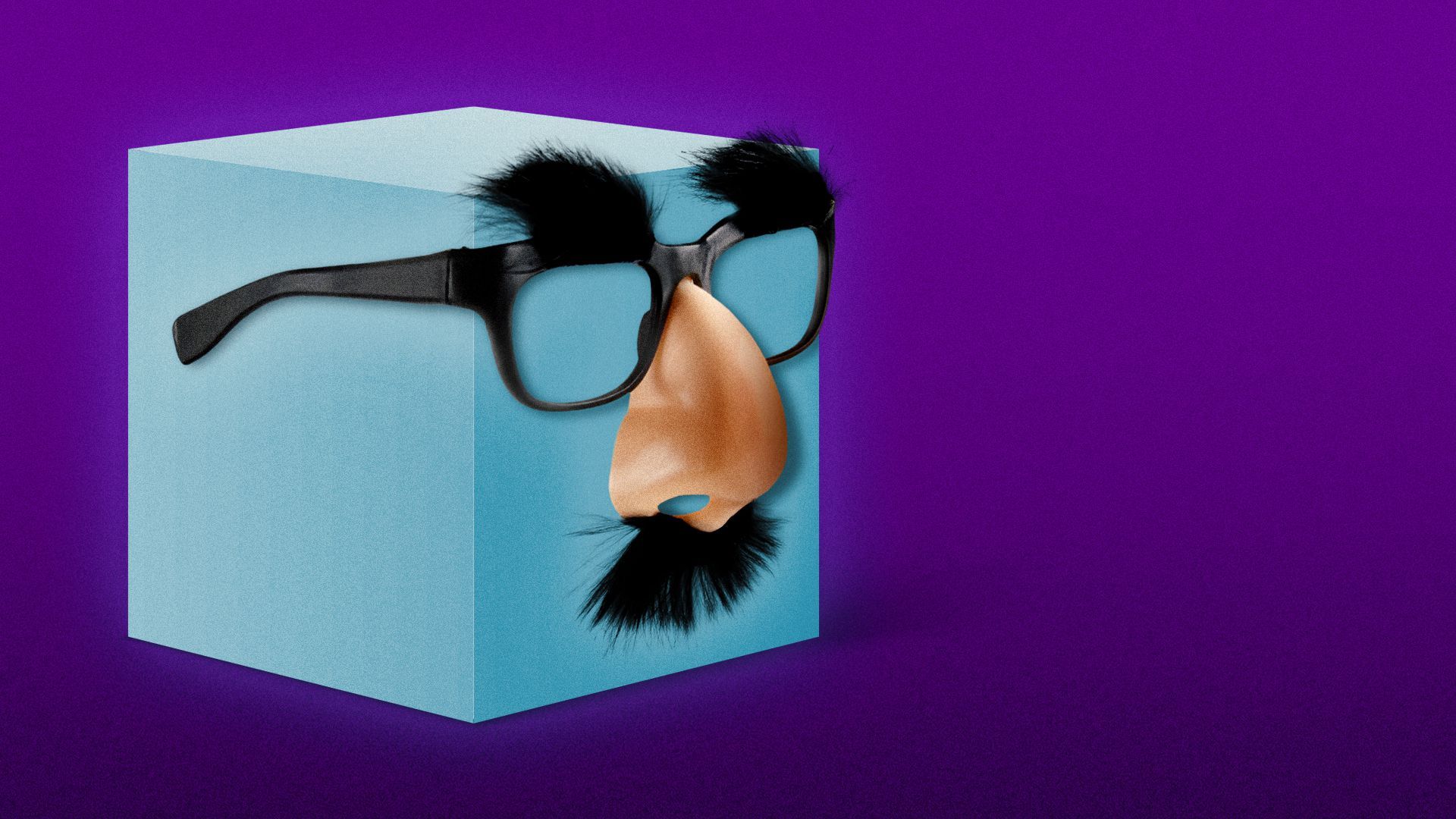 Illustration of a cube wearing a pair of comedy disguise glasses.