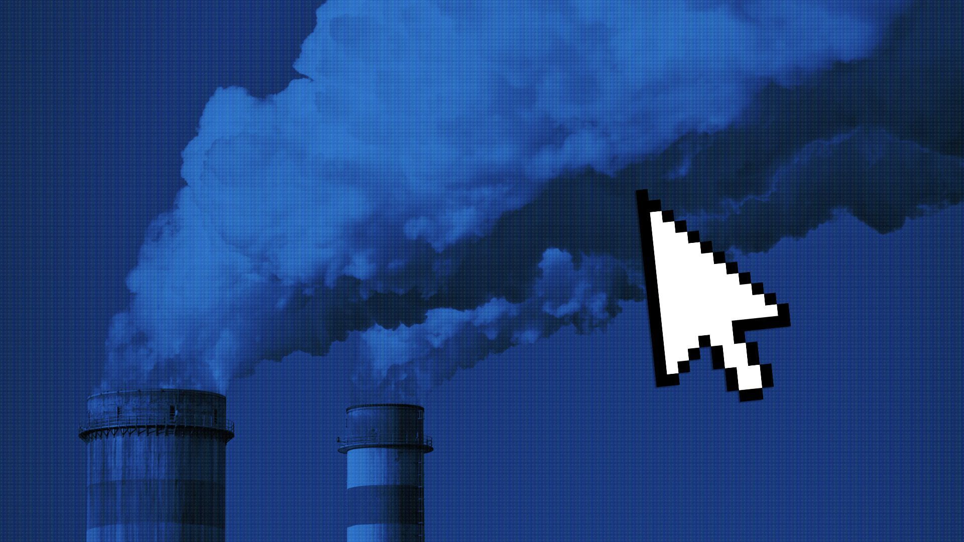 an illustration of smokestacks on a screen and a cursor clicking on the smoke