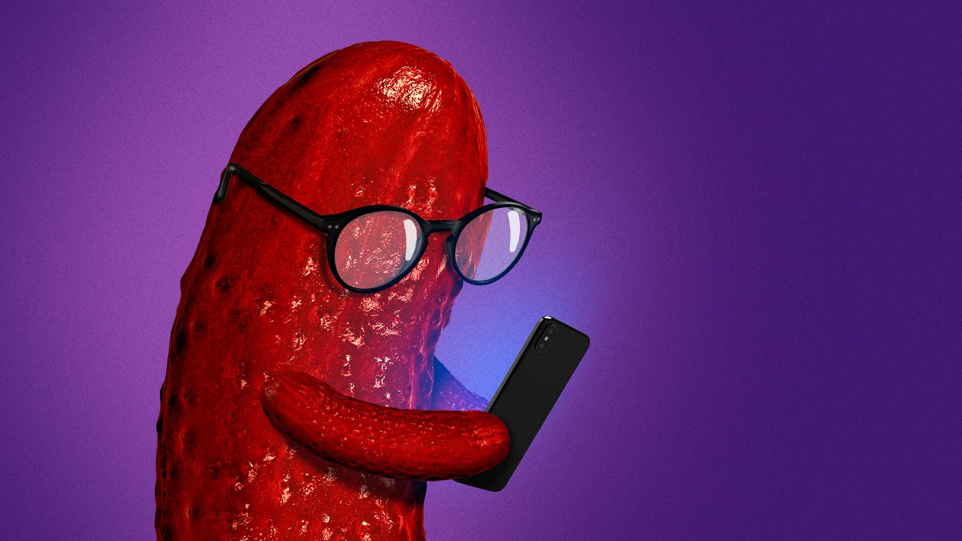 Illustration of a chamoy pickle wearing glasses and looking at its phone.