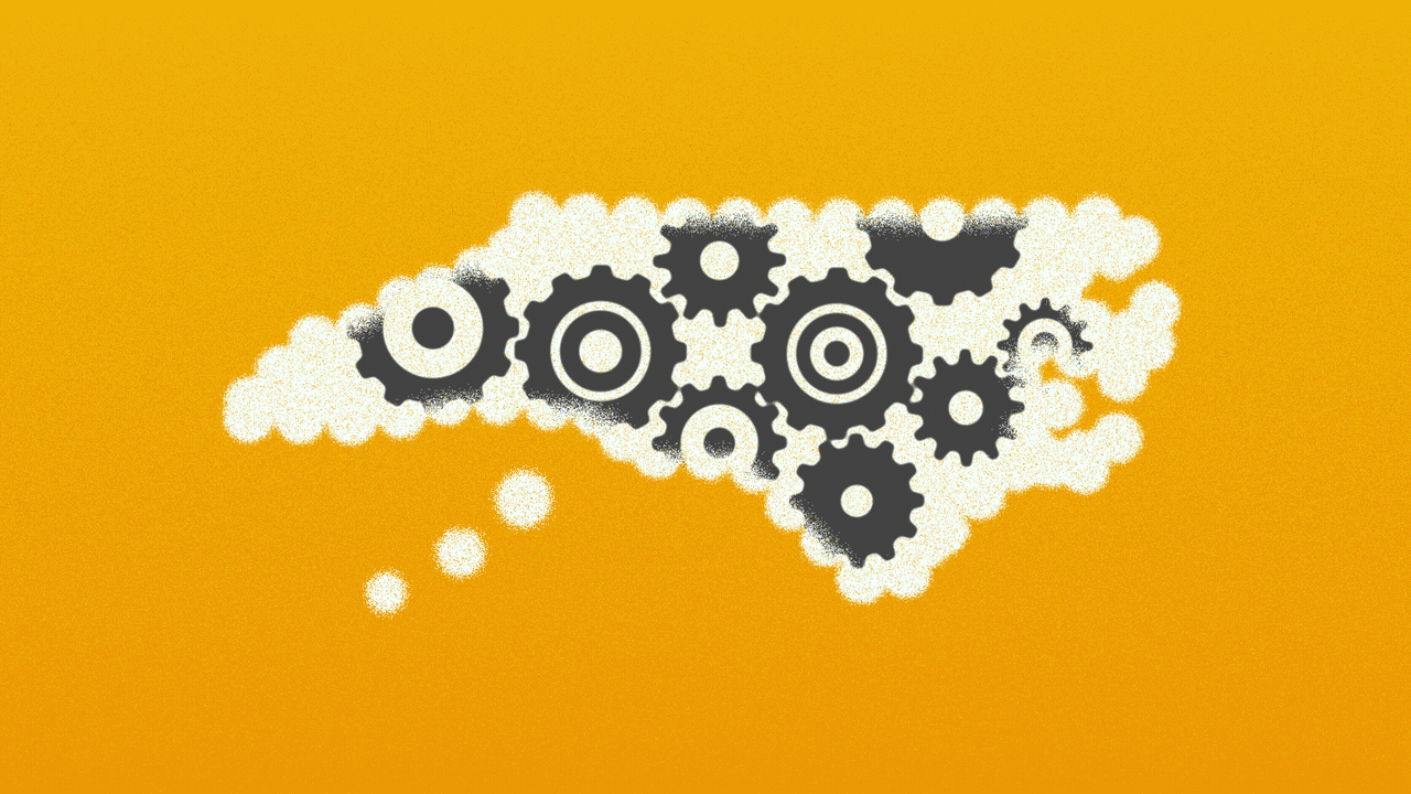 Illustration of a North Carolina-shaped thought bubble, with turning gears inside. 