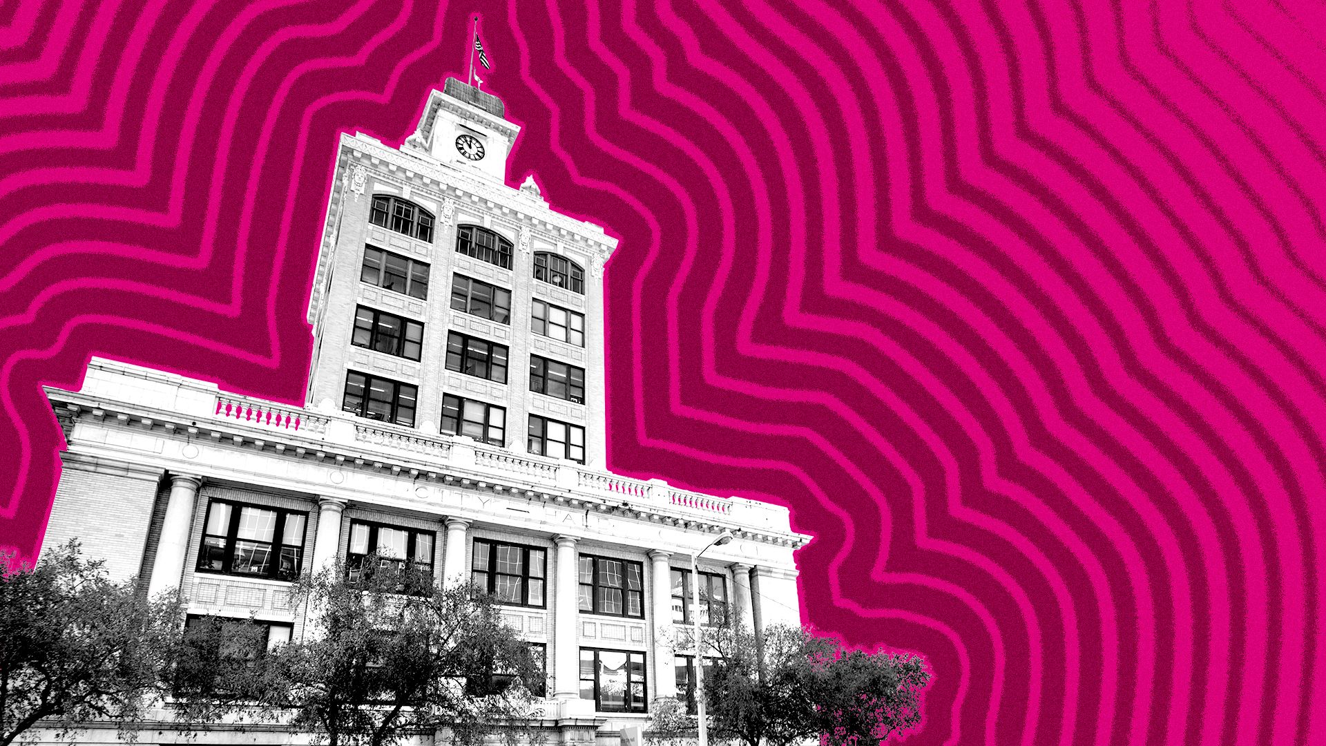 Illustration of Tampa City Hall with lines radiating from it.