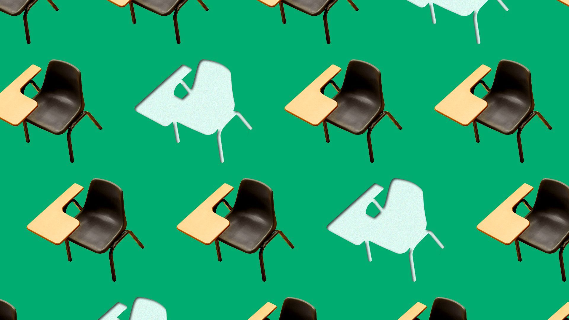 Illustration of school desks, some of them cut out with nothing behind them. 