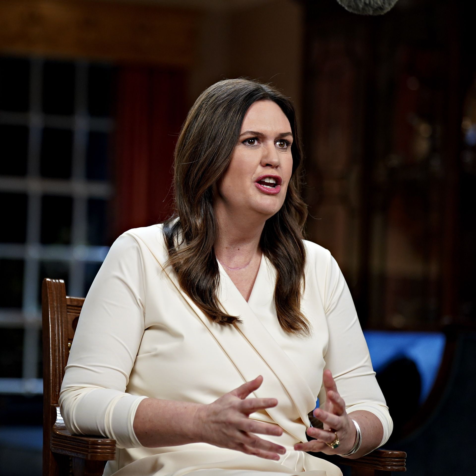 Sarah Huckabee Sanders, governor of Arkansas, speaks while delivering the Republican response to President Biden's State of the Union address in Little Rock, Arkansas, US, on Tuesday, Feb. 7.