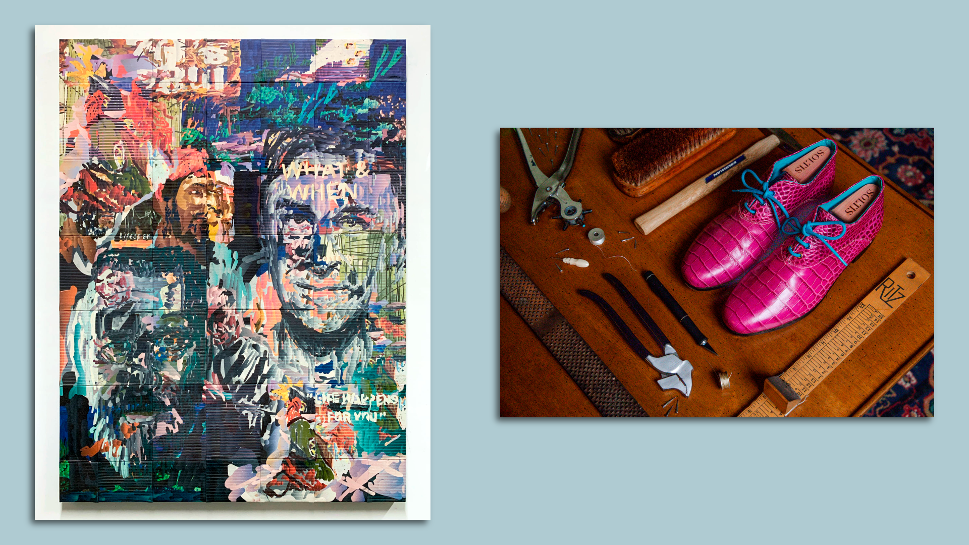 A piece of wall art on the left and some handmade purple shoes on the right, sitting on a desk with tools and supplies.