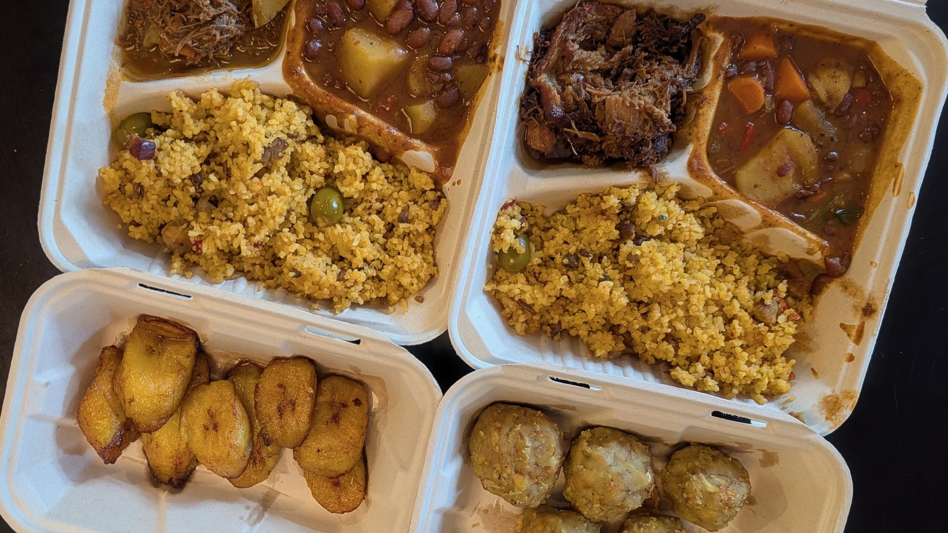 Puerto Rican food in to-go boxes with compartments