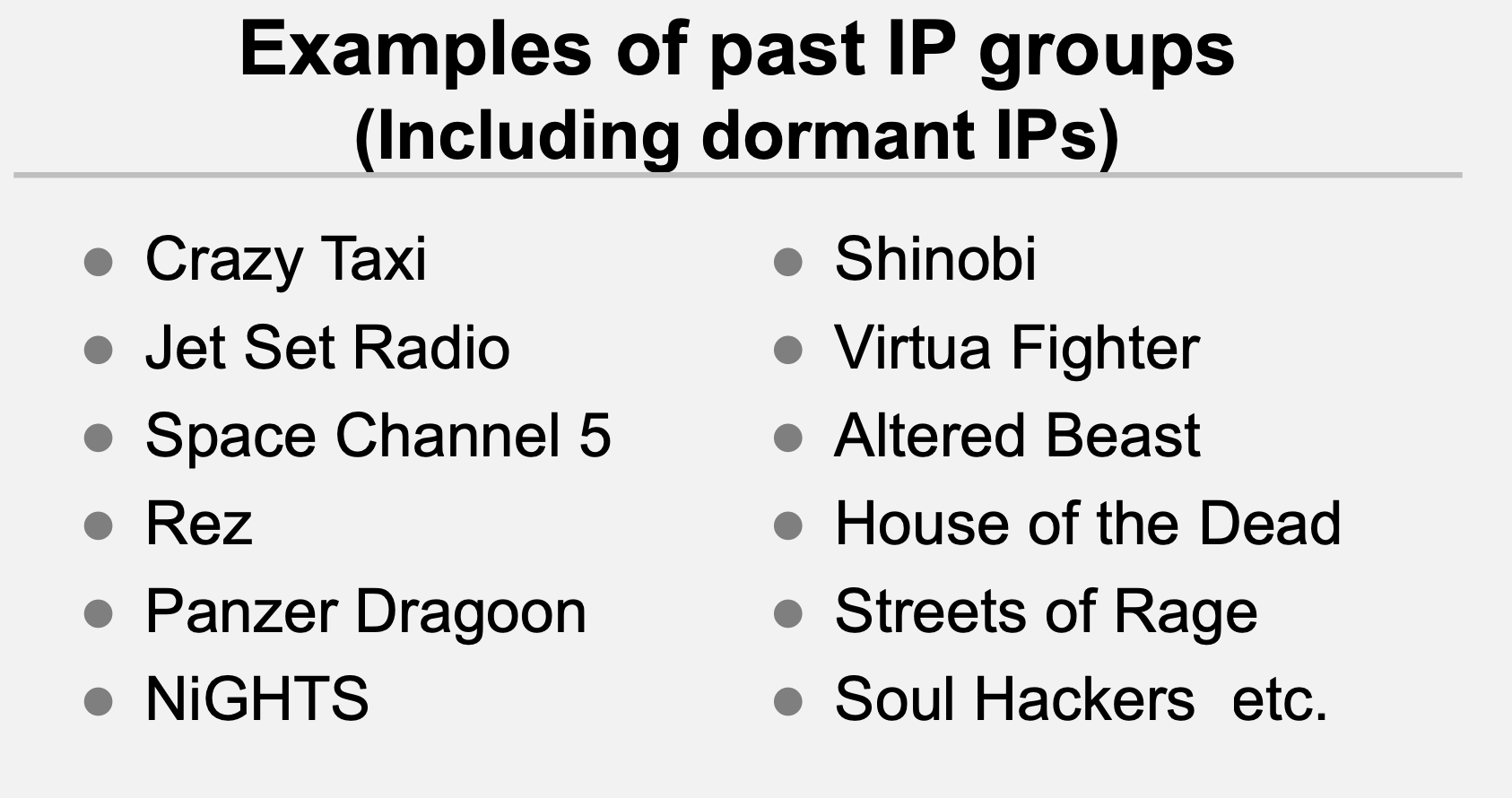 Screenshot from Sega Sammy investor briefing listing dormant franchises including Crazy Taxi and Jet Set Radio