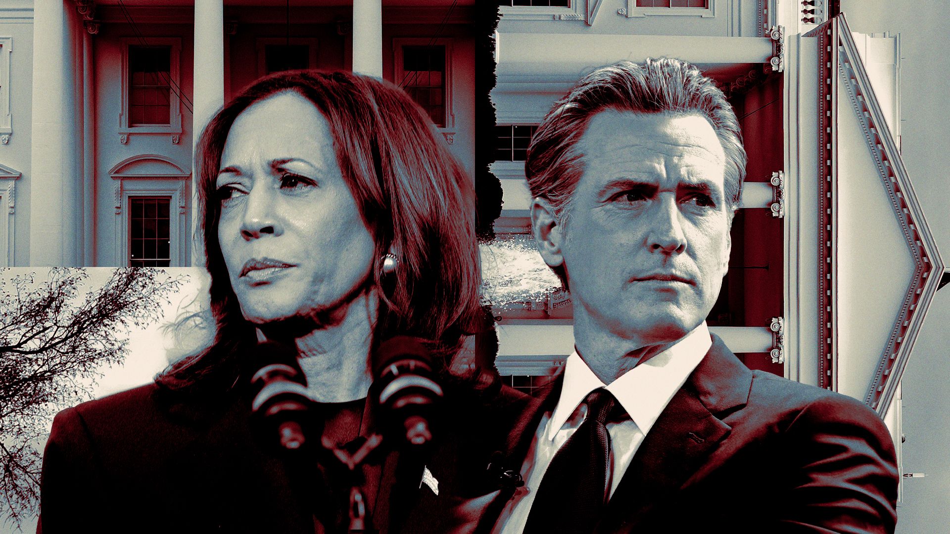 Photo illustration of Kamala Harris and Gavin Newsom collaged with images of the White House.