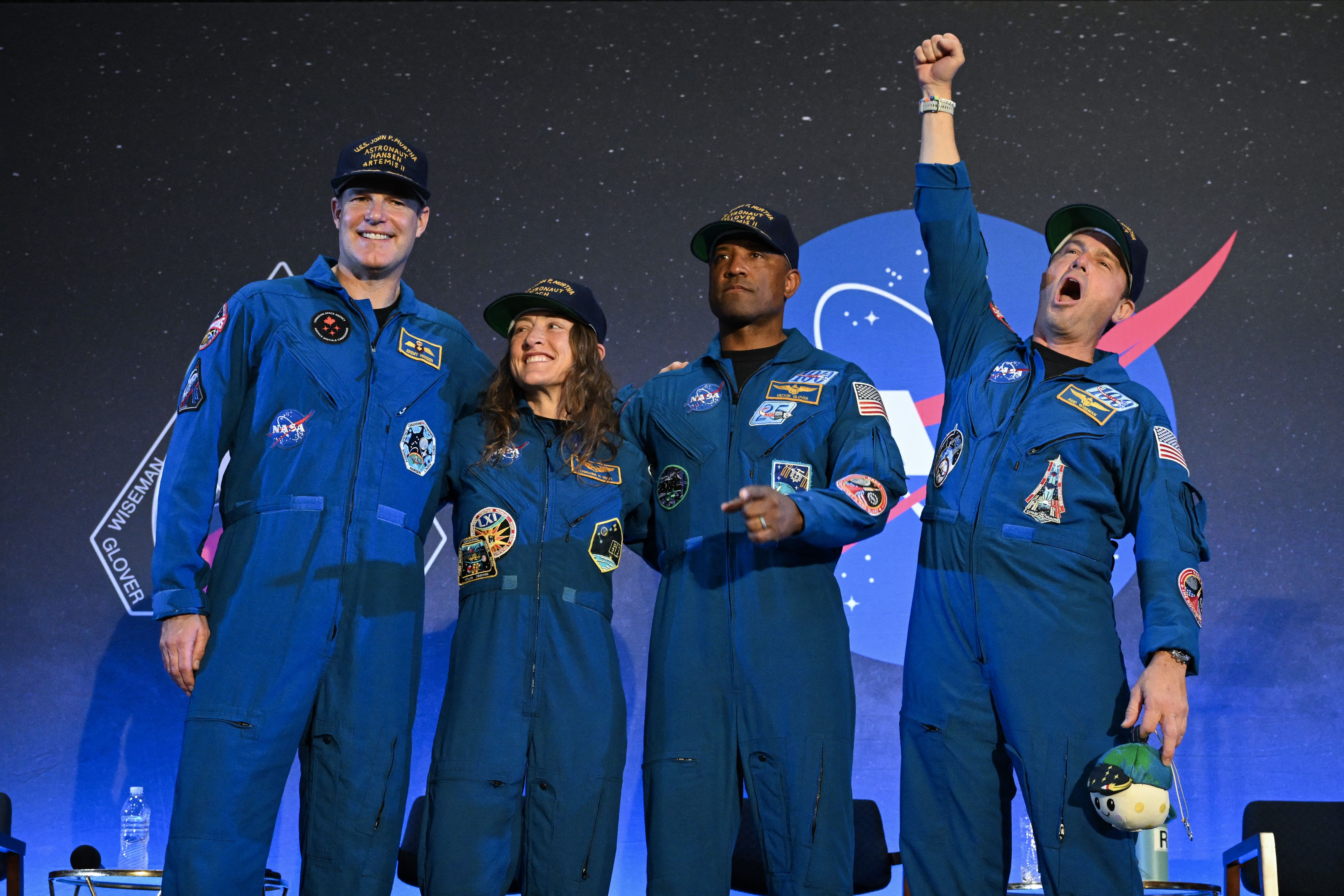 Artemis II astronauts Jeremy Hansen, Christina Koch, Victor Glover and Reid Wiseman during a welcome ceremony in Houston, Texas, on Saturday. Photo: Ronaldo Schemidt/AFP via Getty Images