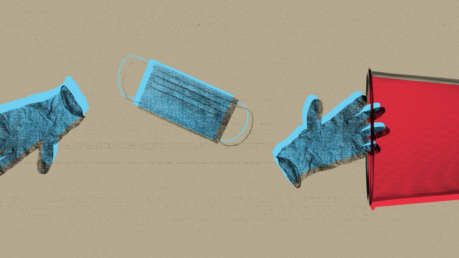 Illustrated collage of gloves and medical masks being thrown in the trash.
