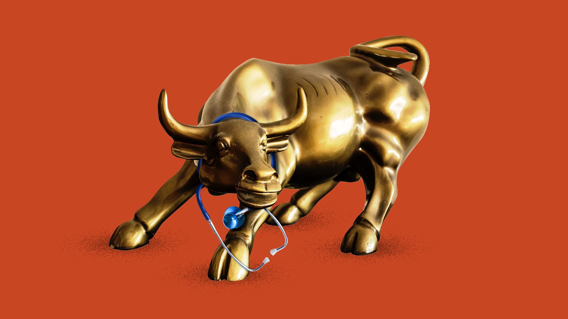 Illustration of the Wall Street bull wearing a stethoscope. 