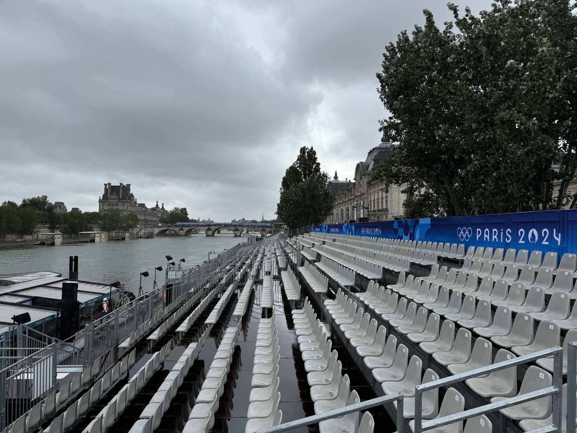 Empty stands next to the River Seine.
