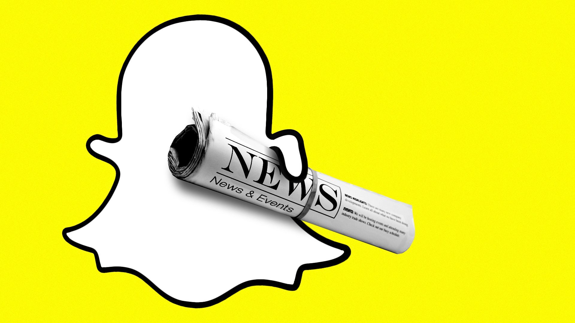 Illustration of the Snapchat logo ghost holding a three dimensional newspaper