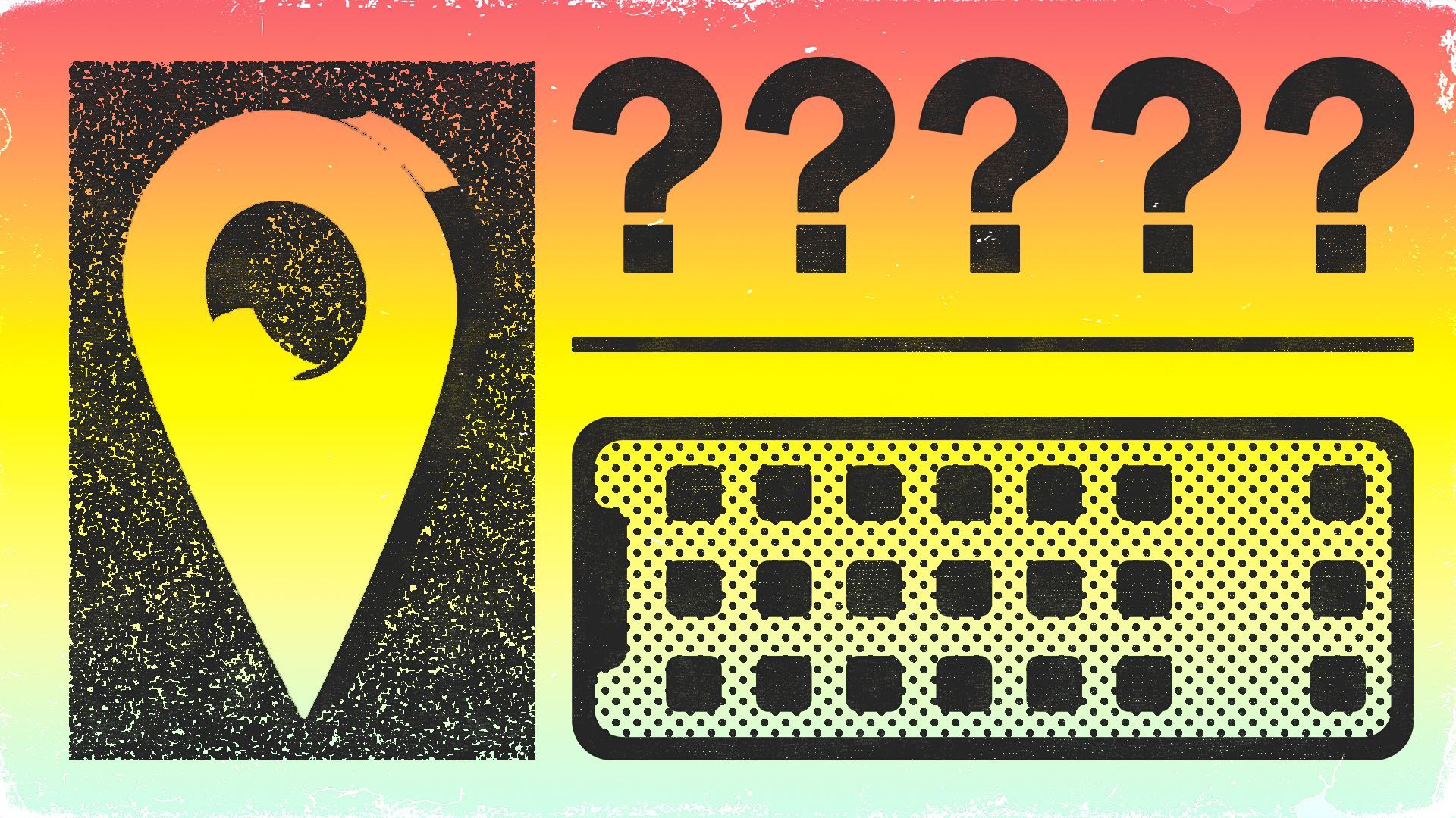 Illustration of a location pin, a phone, and five question marks arranged to look like a concert poster.