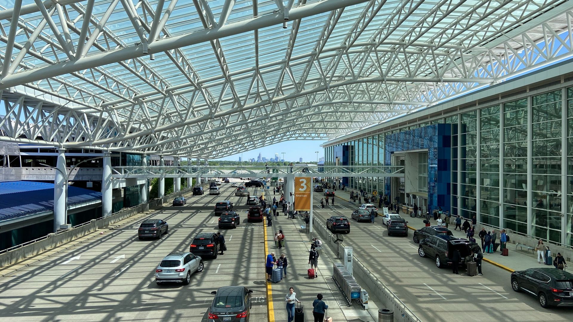 Charlotte Douglas International Airport with the Charlotte skyline in the background. 