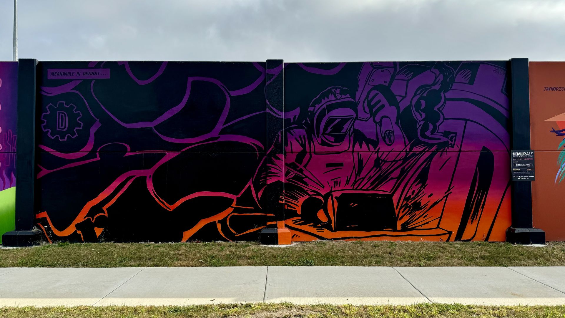 A comic-like mural of a metal-worker in purples and reds.