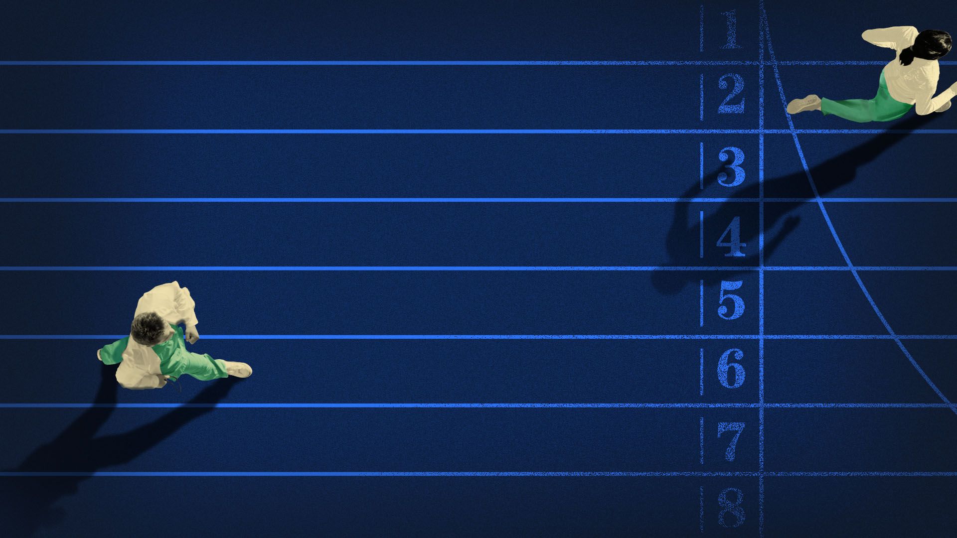 Illustrations of doctors running on racetrack, with one lagging behind