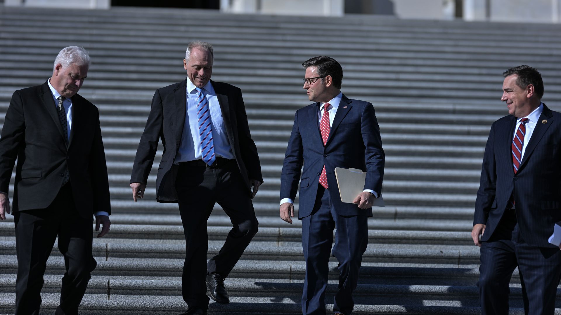 WASHINGTON, DC - NOVEMBER 12: Majority Whip Tom Emmer (R-Minn.), left, Majority Leader Rep. Steve Scalise (R-La.), second, Speaker of the House Mike Johnson (R-La.), and Chairman Richard Hudson (R-N.C.), arrive for a post-election press conference at the U.S. Capitol on November 12, 2024 in Washingt