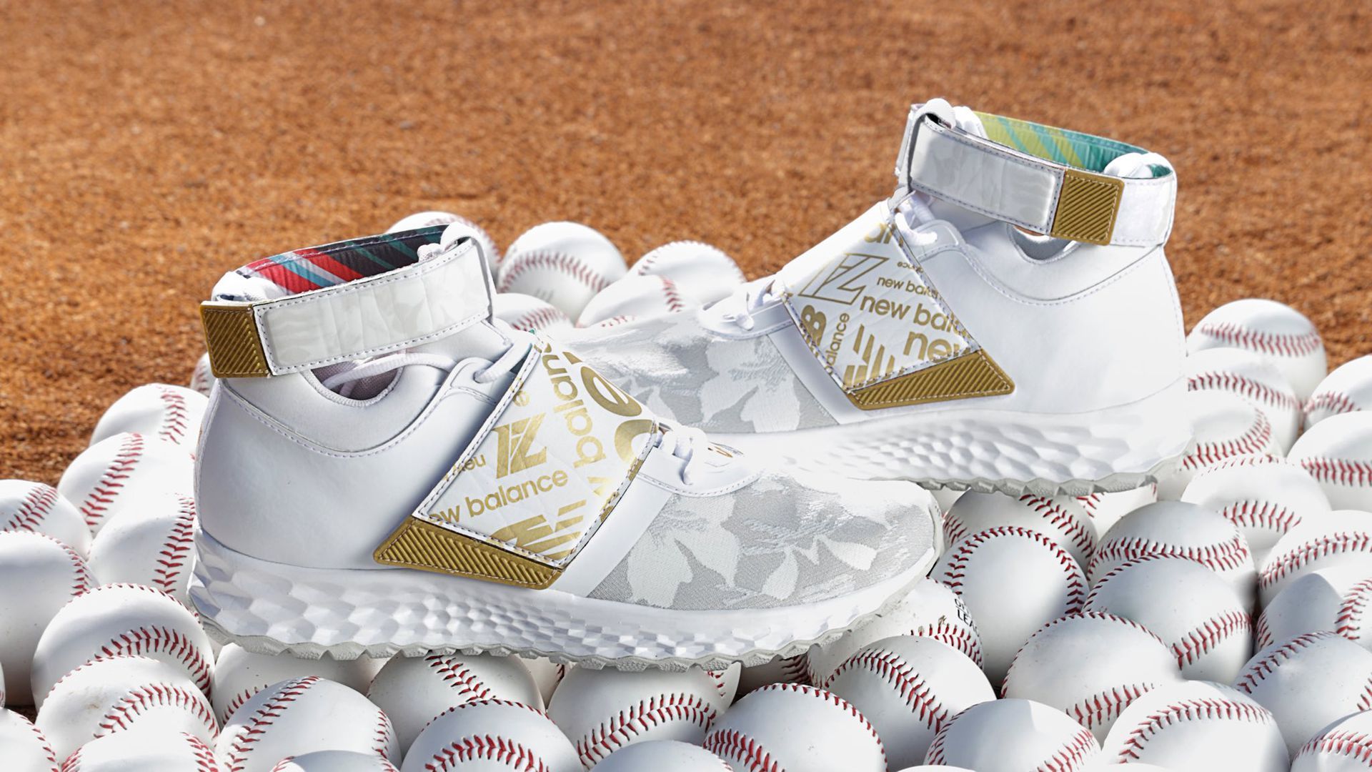 Picture of sneakers placed on top of several baseballs