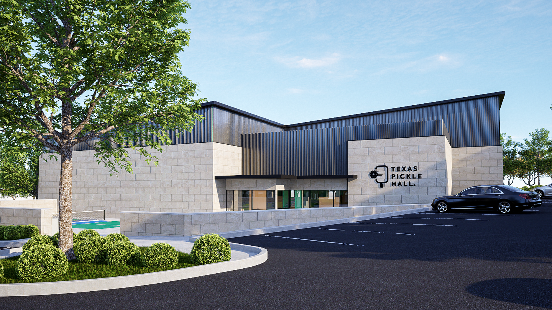 Rendering of a steel and brick building with a sign marking "Texas Pickle Hall."