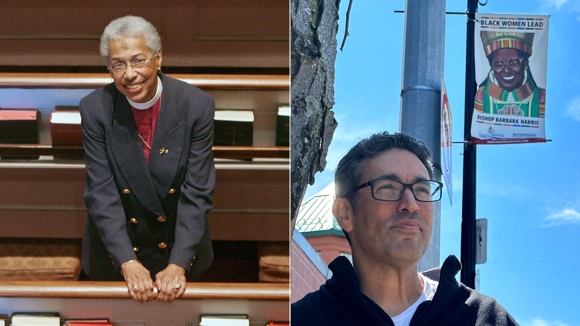 The late Bishop Barbara Harris, left, poses for a photo in the pulpit of a church, and illustrator Kamali Thornell, right, poses in front of a banner of Harris he designed for the Black Women Lead project.