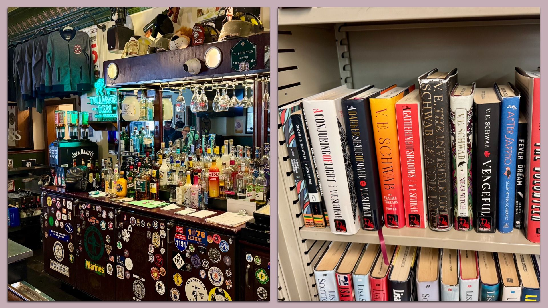 Left image: bar counter decorated with many stickers, liquor bottles, hanging glasses, and firefighter helmets. Right image: close-up of bookshelf with fantasy and thriller books by V.E. Schwab and others.