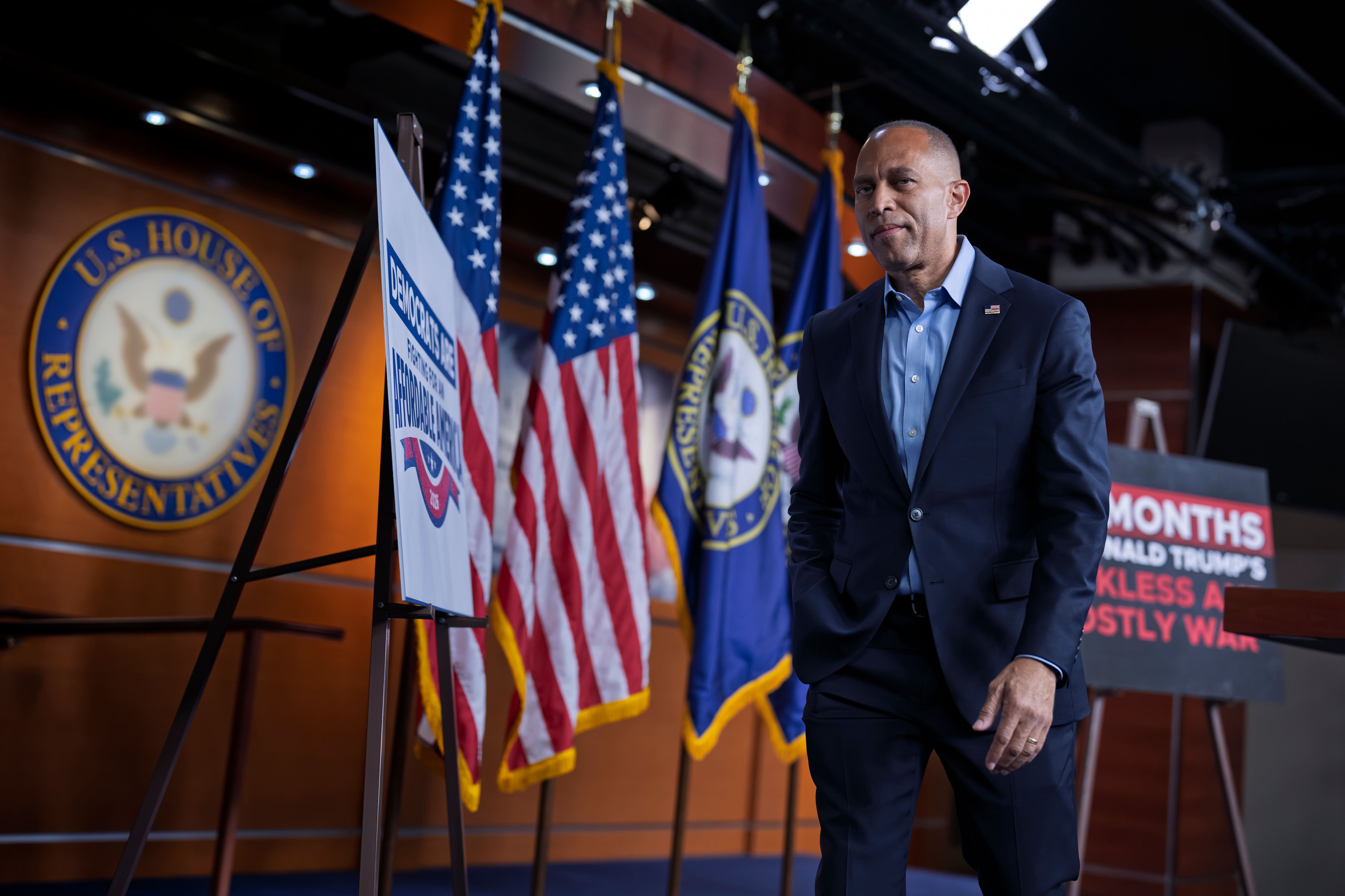 House Minority Leader Hakeem Jeffries (D-N.Y.) leaves a press conference at the Capitol on Monday.