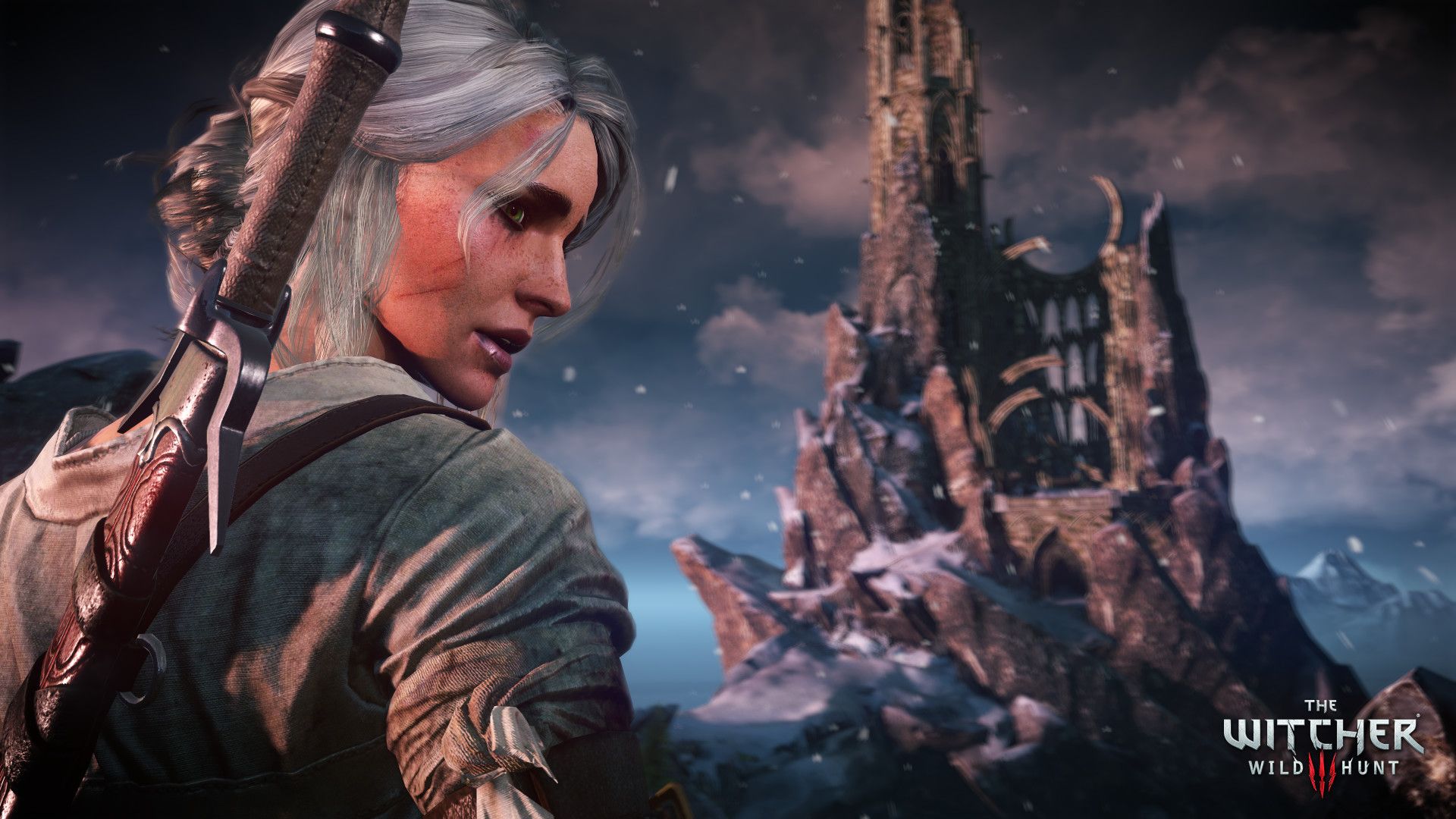 Video game screnshot showing a close-up of the back of a white-haired woman with a sword. In the distance is a wrecked castle partially covered with snow