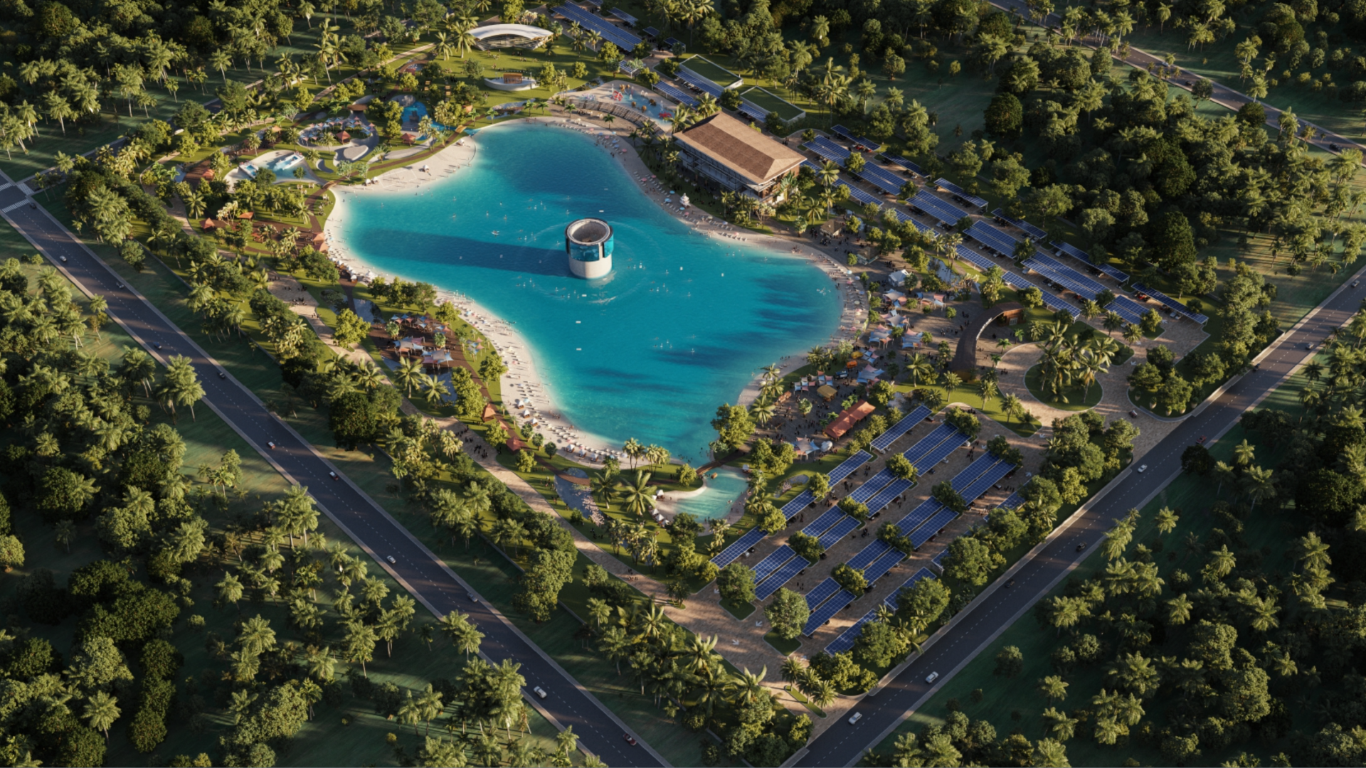 An overhead image showing a turquoise body of water surrounded by trees. A large cylinder sticks out of the water.