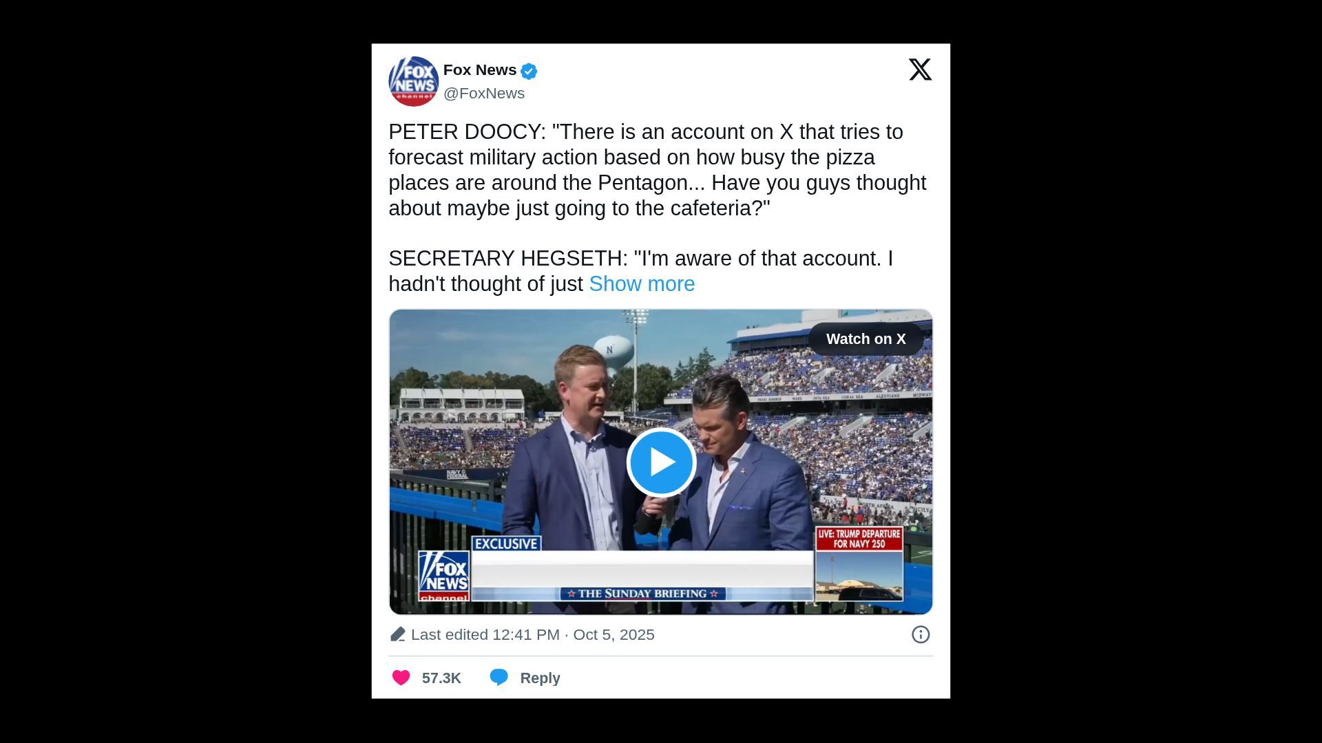 Tweet from Fox News with a video of two men in blue suits at a crowded stadium. The tweet quotes Peter Doocy and Secretary Hegseth discussing an X account predicting military action based on Pentagon pizza place busyness.